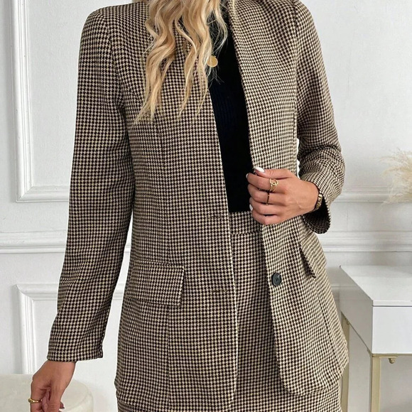 Coffee Brown Elegant Women's Vintage French V-Neck Tailored Suit Set - Picture 6 of 6